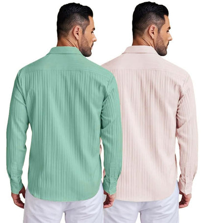 Deelmo Combo Of MenS Casual Button Down Shirts Long Sleeve Linen Shirt Fashion Textured Summer Shirts Pack Of 2