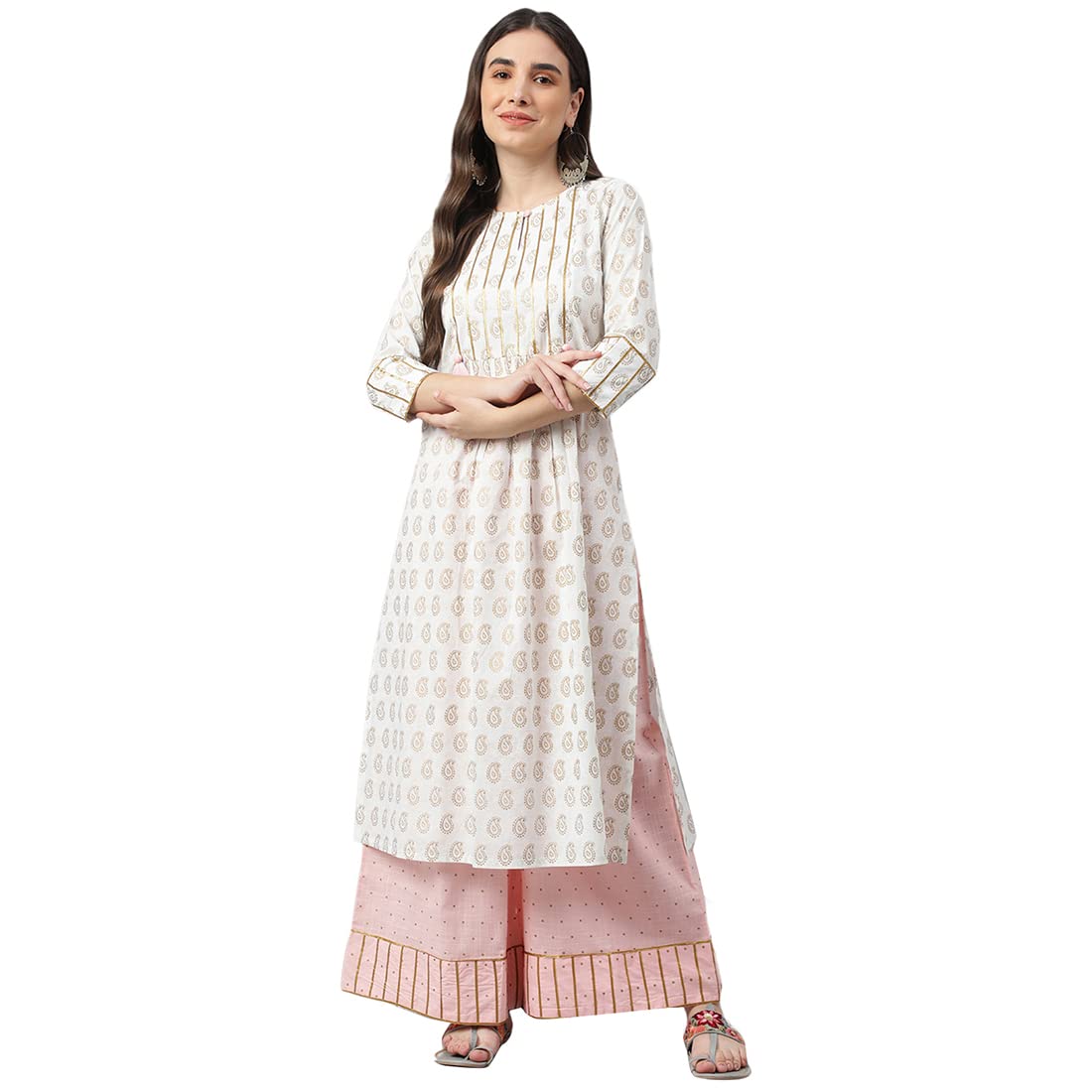 Idalia White Gold Print Kurta With Baby Pink Printed Cotton Palazzo