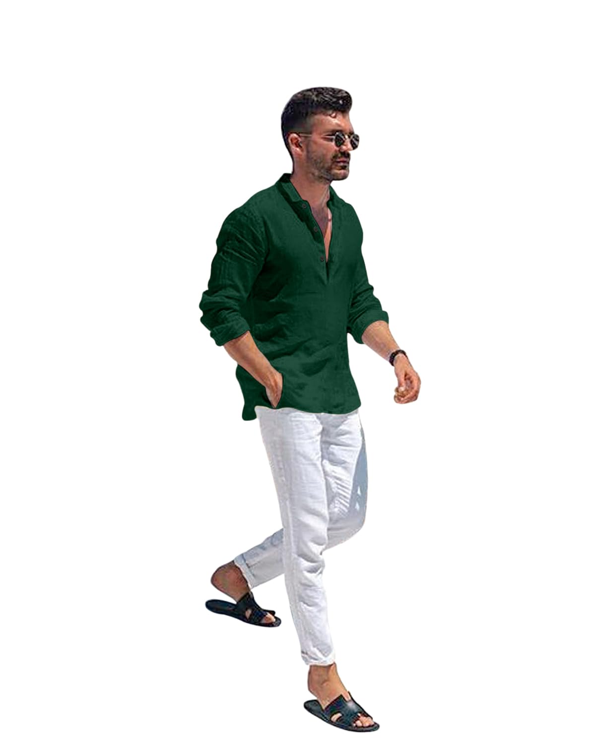Hemadhav MenS Regular Fit Cotton Blend Casual Kurta Dark Green