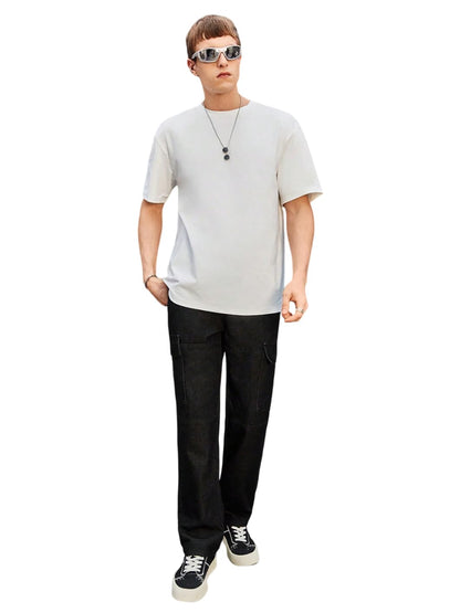Kotty MenS Solid Mid Rise Straight Fit Stylish Looking Cargo Jeans(Black,32)