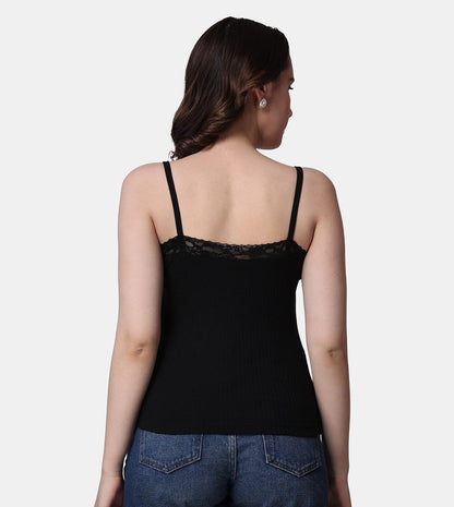 POPWINGS Women Casual Black Rib Solid Sleeve Self Design Noodle Strap Top