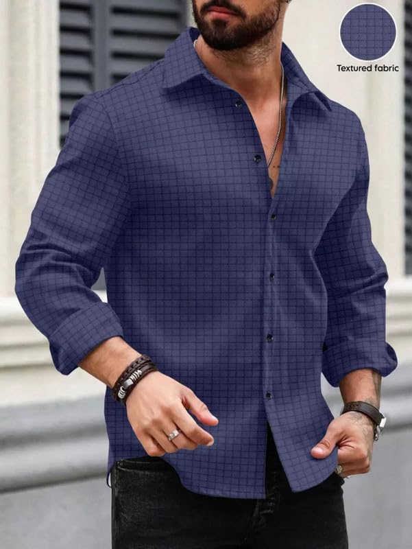 Deelmo MenS Regular Fit Checks Pattern Polyester Blend Shirt With Collared Neck Long Sleeve And Standard Length | Shirt For Man
