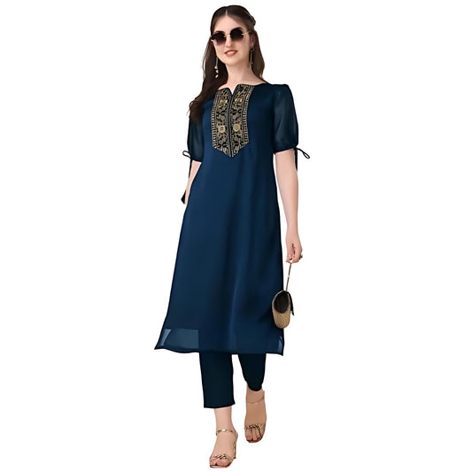 Goroly WomenS Solid Pattern Silk Blend Embroidered Thread Work Straight Kurta With V-Neck Short Puff Sleeve And A-Line Style