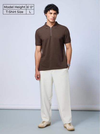 The Souled Store Popcorn: Dark Mocha Men and Boys Short Sleeves Collared Neck Solid Cotton Blend Regular Fit Zipper Polos
