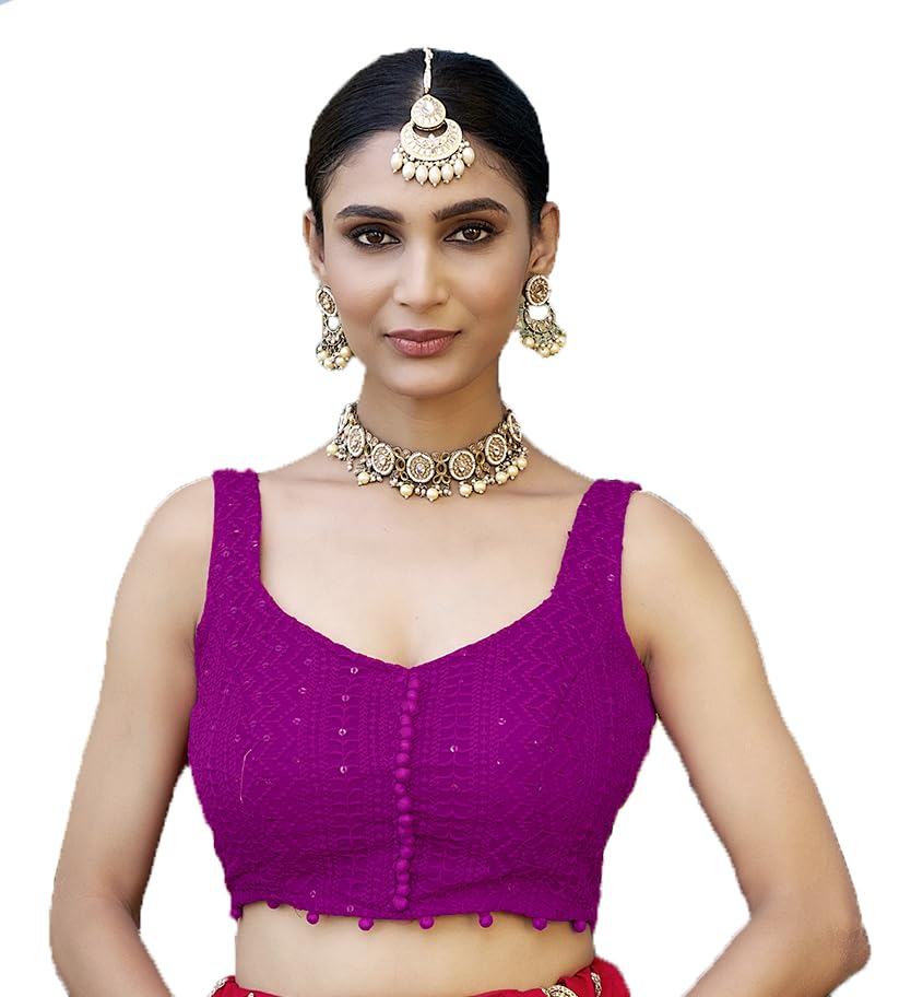 Pujia Mills Womens Readymade Fancy Blouse Embroidery Lucknowi Work Sequence Work Indian Ethnic Designer Sleeveless Blouse Ready
