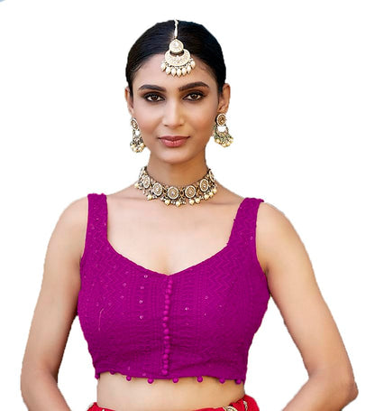 Pujia Mills Womens Readymade Fancy Blouse Embroidery Lucknowi Work Sequence Work Indian Ethnic Designer Sleeveless Blouse Ready