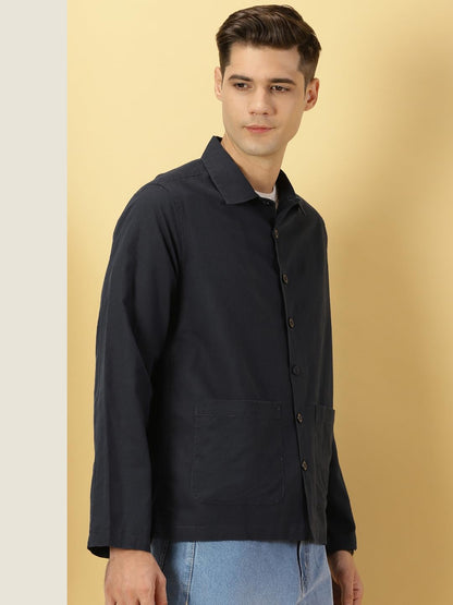 Thomas Scott Oversized Linen Double Pocket Solid Shirts for Mens Navy Blue