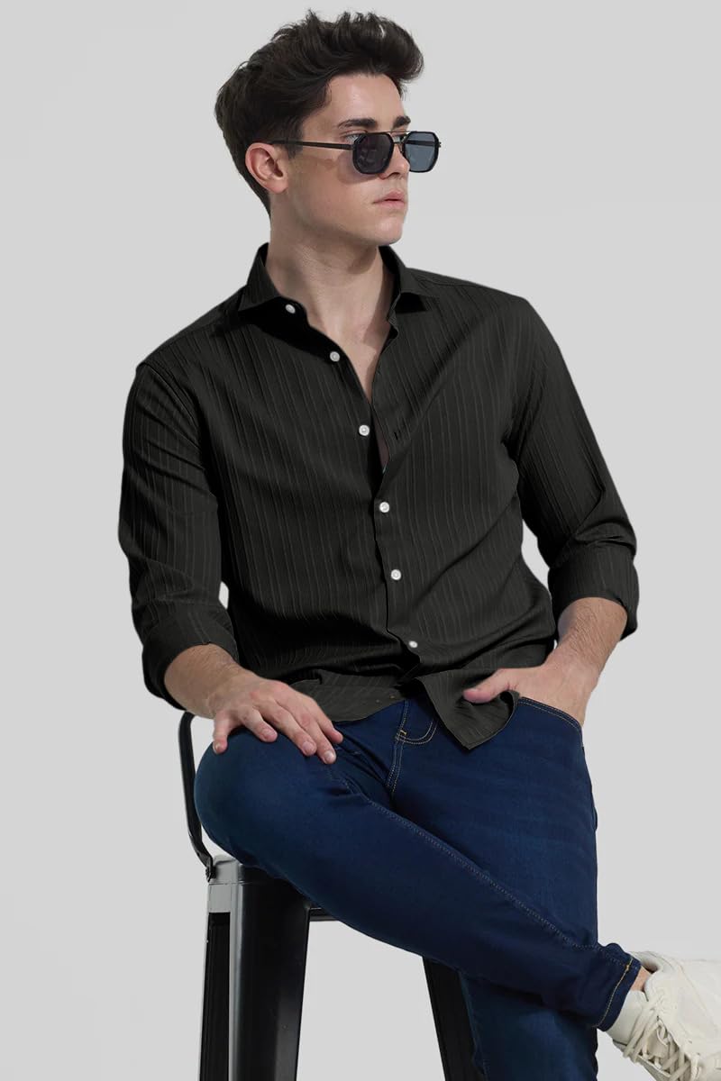 Finivo Fashion MenS Casual Cotton Plain Button Down Shirts Full Sleeve Textured Summer Beach Shirt For Men Black