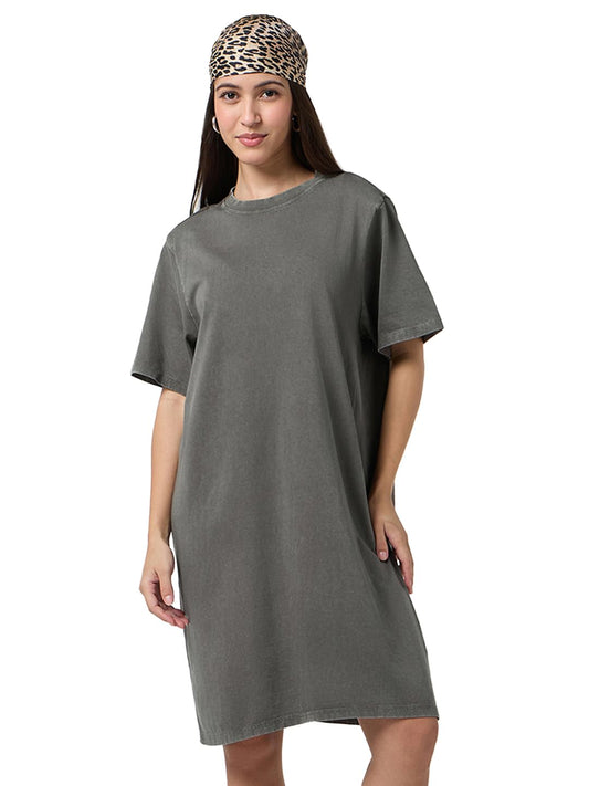 Bewakoof Womens Self Design Regular Fit Half Sleeve Round Neck Pure Cotton Acid Wash T-Shirt Dress_684261_Grey_XL