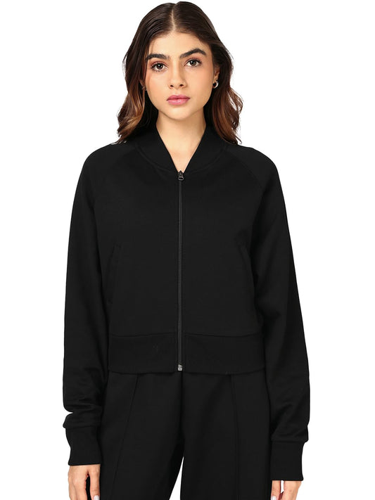 Bewakoof Womens Solid Regular Fit Full Sleeve High Neck Polycotton Crop Sweatshirt_687648_Black_XS