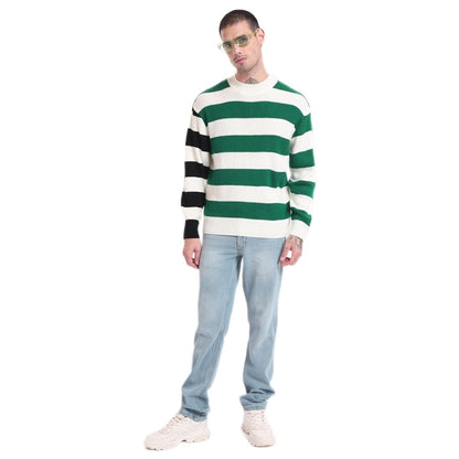 Bewakoof Mens Striped Oversized Fit Full Sleeve Round Neck Acrylic Sweater Green
