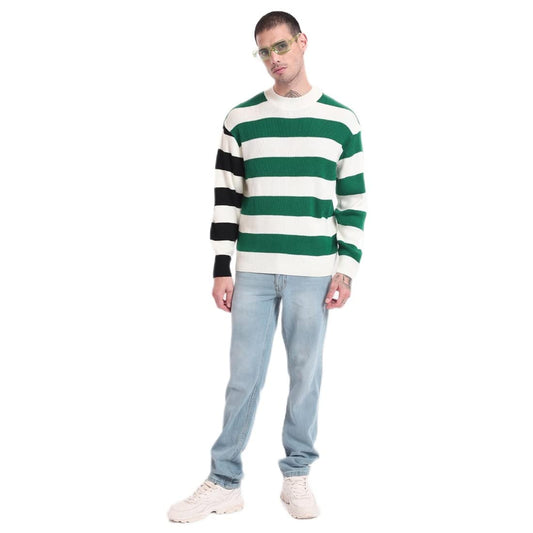 Bewakoof Mens Striped Oversized Fit Full Sleeve Round Neck Acrylic Sweater Green