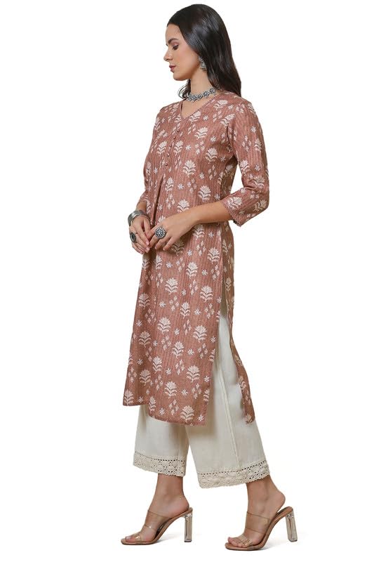 Soch Womens Earth Linen Blend Floral Print Kurta With Lace