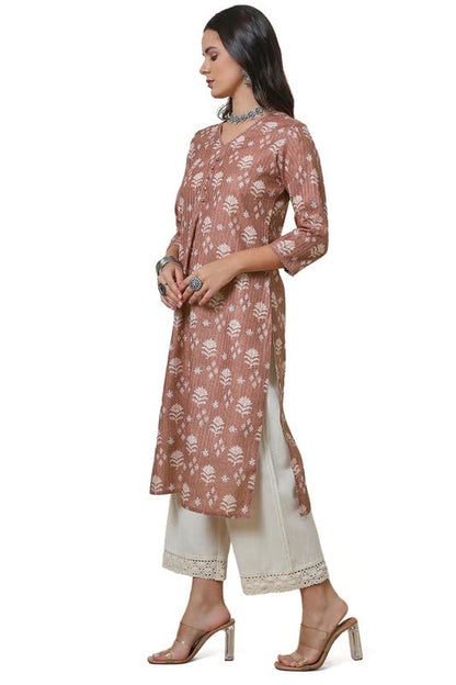 Soch Womens Earth Linen Blend Floral Print Kurta With Lace