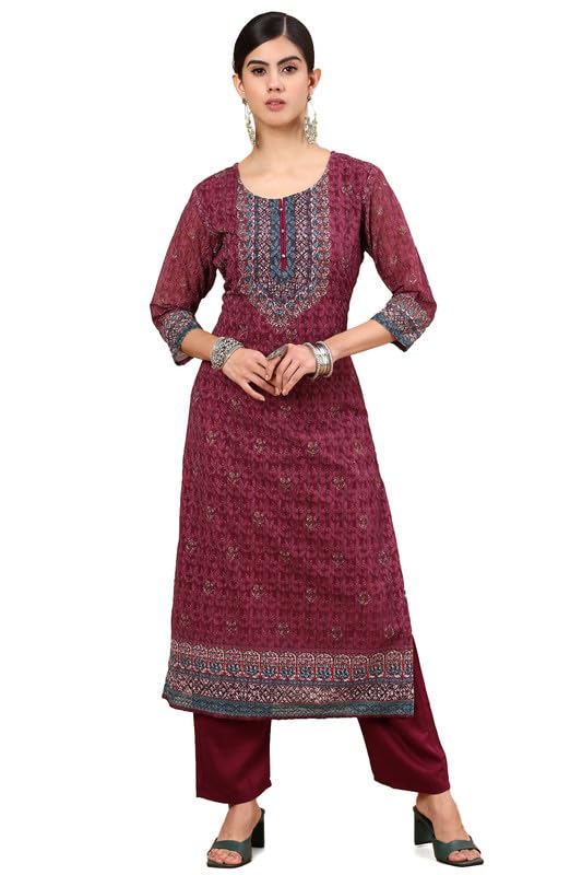 Soch Womens Wine Print With Embroidery Georgette Kurta Set With sequins