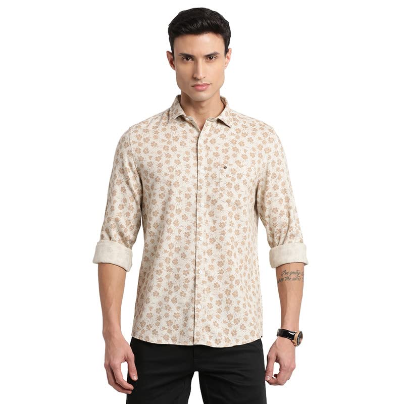 Turtle Men Khaki Linen Blend Printed Slim Fit Casual Shirts