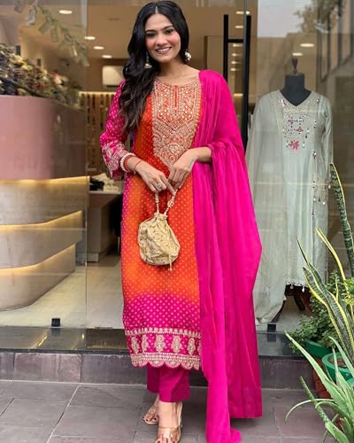 GoSriKi Women's Straight Kurta with Pants & Dupatta, Pink, Large, Model Lasivan Pink-GS