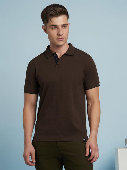 Dennis Lingo Men Solid Cotton Regular Fit Half Sleeves Polo T Shirts Brown
