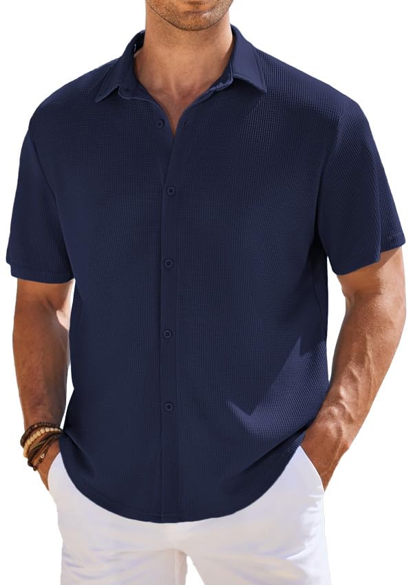 CB-COLEBROOK Mens Waffle Knit Textured Button-Down Wrinkle Free Casual Shirts, Short Sleeves, Summer Beach Tops (in, Alpha, XL,