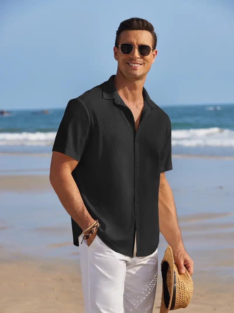 CB-COLEBROOK Mens Waffle Knit Textured Button-Down Wrinkle Free Casual Shirts, Short Sleeves, Summer Beach Tops (in, Alpha, XL,