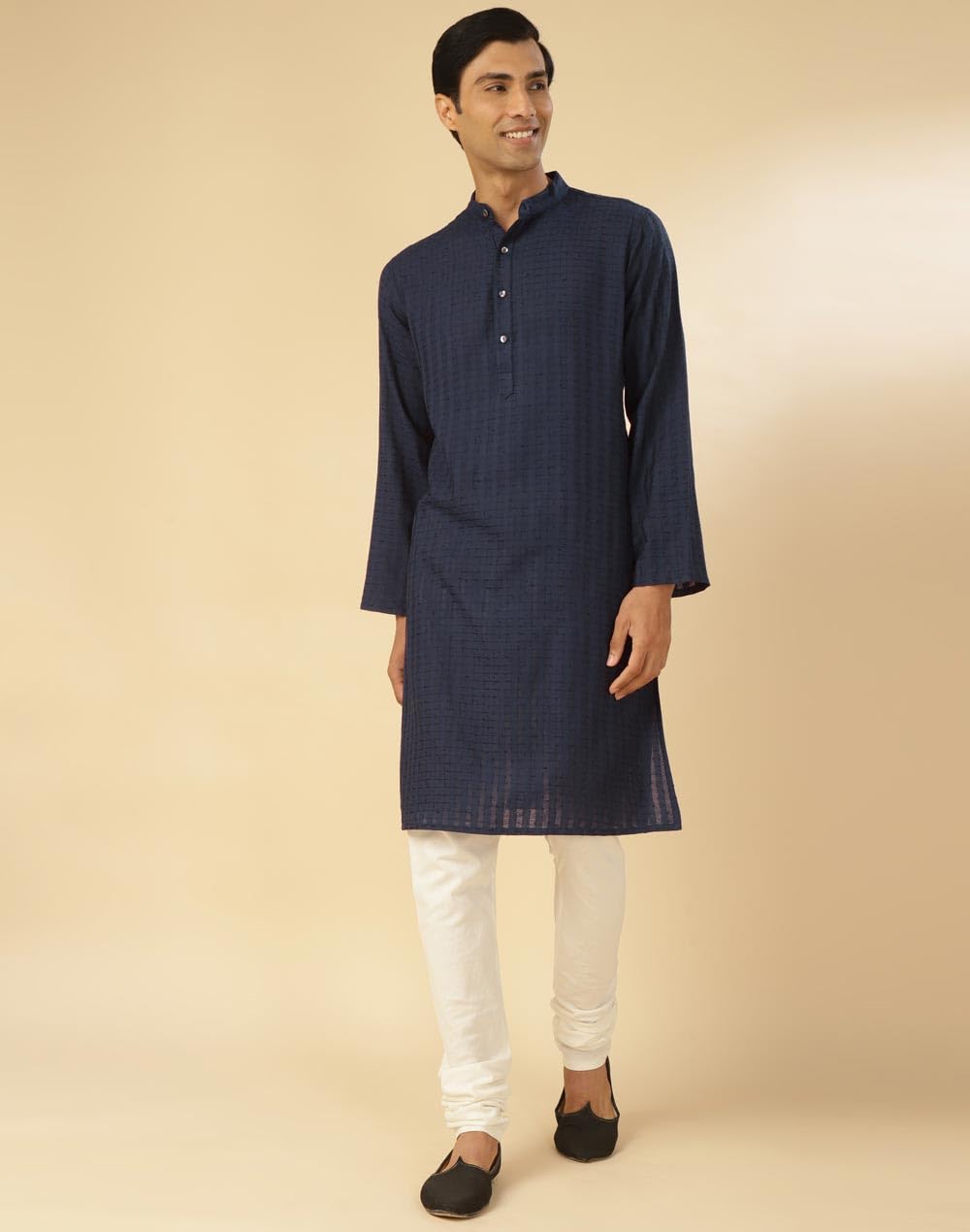 Fabindia Navy Viscose Blend Dobby Slim Fit Kurta
