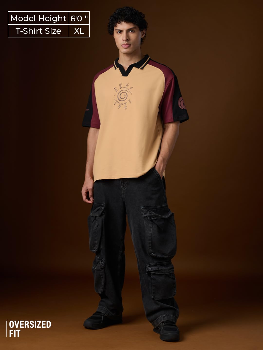 The Souled Store Naruto: Kuramas Fury Men and Boys Short Sleeves Collared Neck Beige Graphic Printed Cotton Oversized Polos