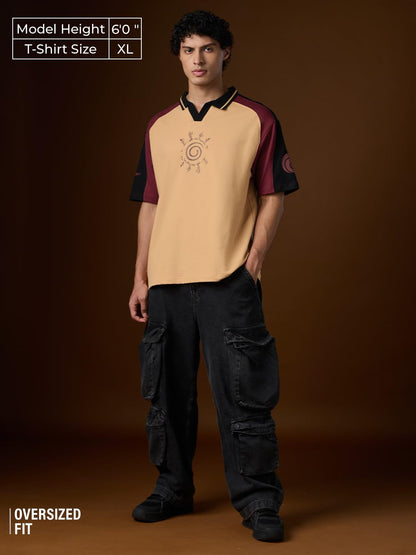 The Souled Store Naruto: Kuramas Fury Men and Boys Short Sleeves Collared Neck Beige Graphic Printed Cotton Oversized Polos