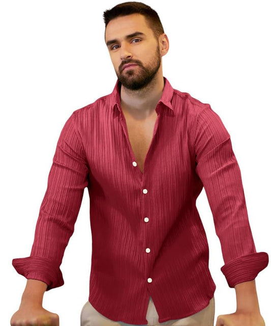Campus Sutra Mens Blush Red Self-Design Striped Shirt for Casual Wear | Spread Collar | Long Sleeve | Button Closure | Shirt Cr