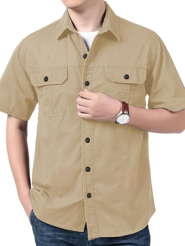 SHIENZY Mens Regular Fit Solid Printed Cotton Casual Shirt || Half Sleeve, Double Pocket || Denim Jacket Style Fashionable West