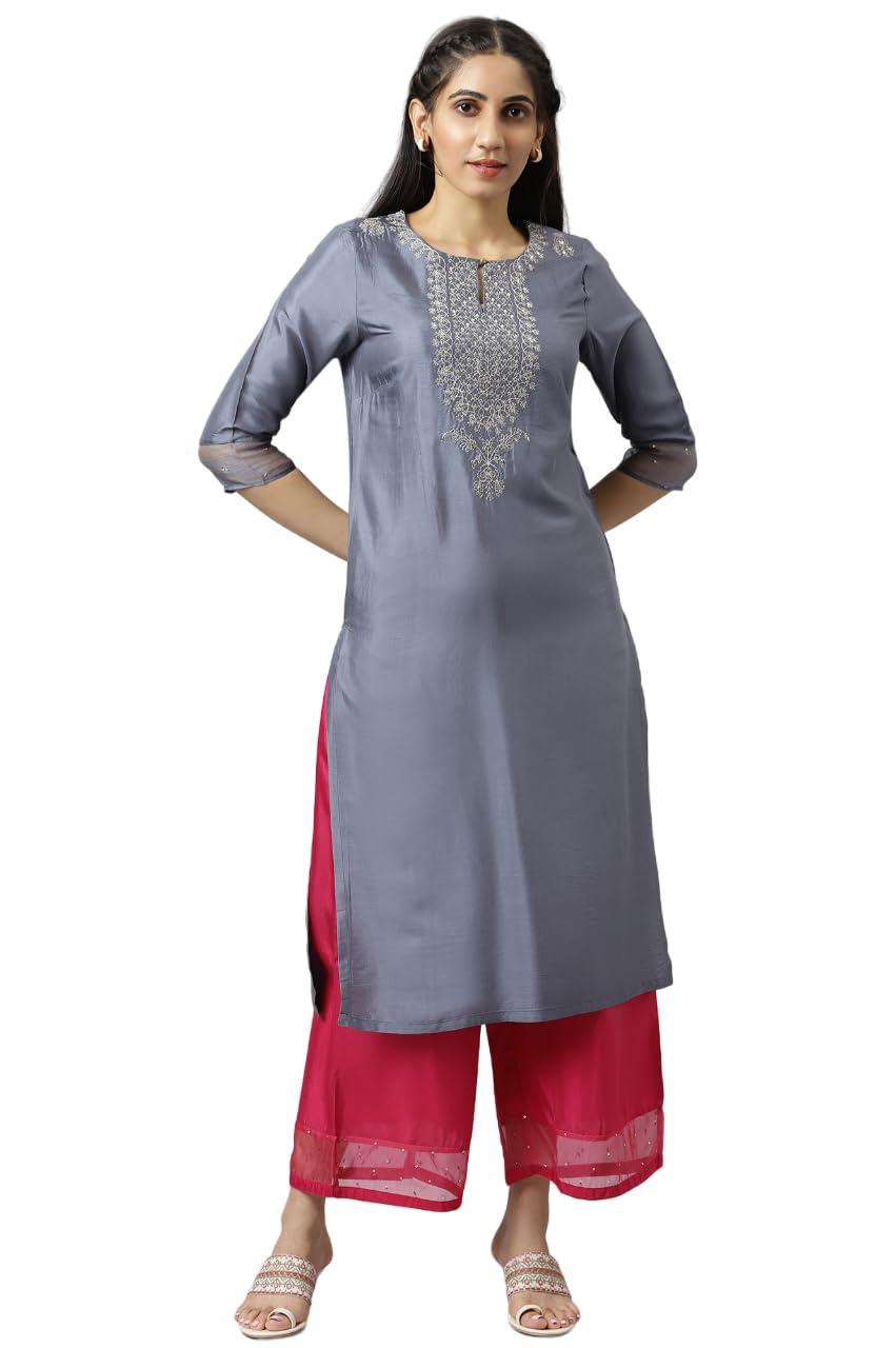 W for Woman Women Blue Embroidered Straight Kurta-Parallel Pants-Dupatta Set