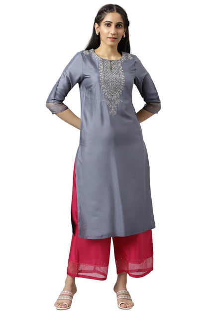 W for Woman Women Blue Embroidered Straight Kurta-Parallel Pants-Dupatta Set