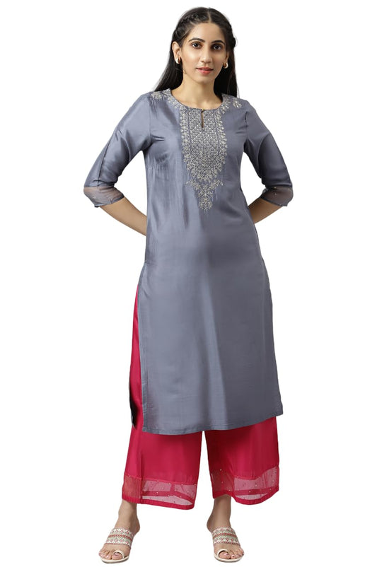 W for Woman Women Blue Embroidered Straight Kurta-Parallel Pants-Dupatta Set