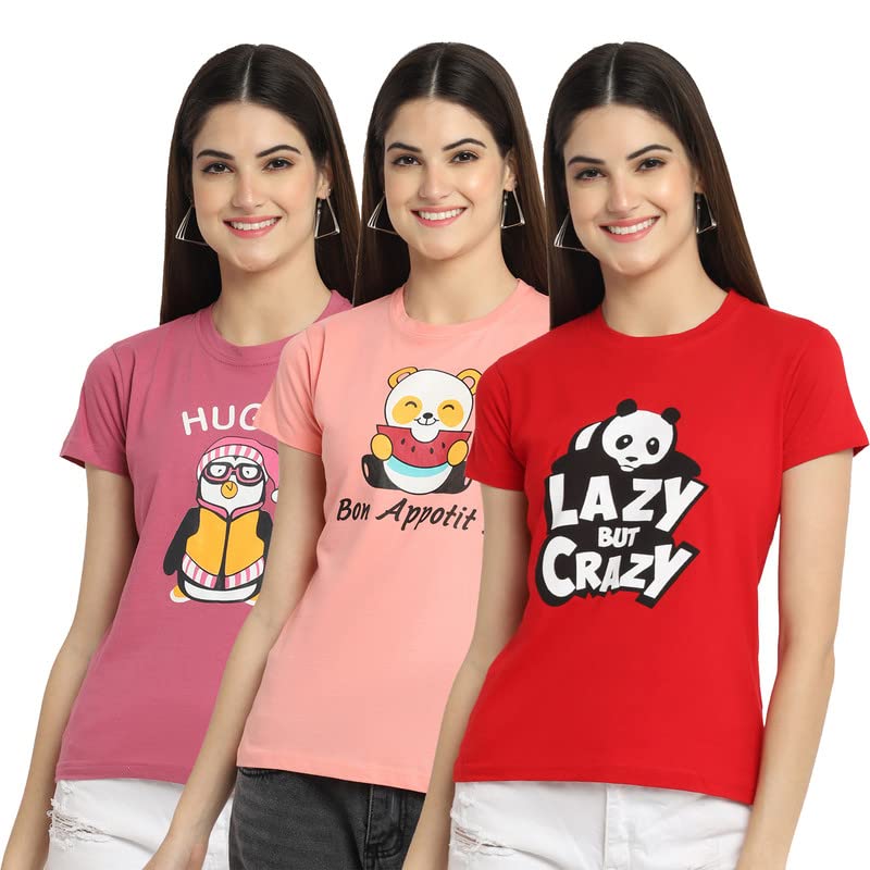 Preneum Womens Cotton Regular Fit Latest Graphic Stylish Printed Short Sleeves Casual T-Shirt || Trending & Style (Pack 3), Pin