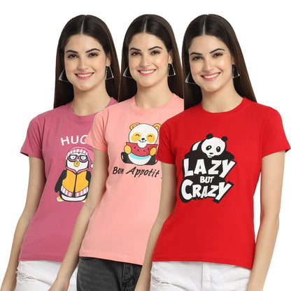 Preneum Womens Cotton Regular Fit Latest Graphic Stylish Printed Short Sleeves Casual T-Shirt || Trending & Style (Pack 3), Pin