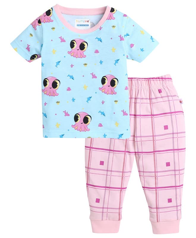 Bumzee Sky Blue & Pink Girls Half Sleeves T-Shirt & Pyjama Set Age - 18-24 Months (Peb8011E-Sbl.Pnk)