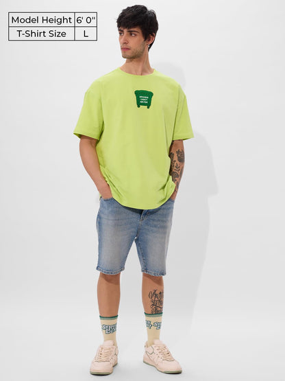 The Souled Store Trash Opinion Men and Boys Short Sleeves Round Neck Green Embroidered Cotton Oversized T-Shirts