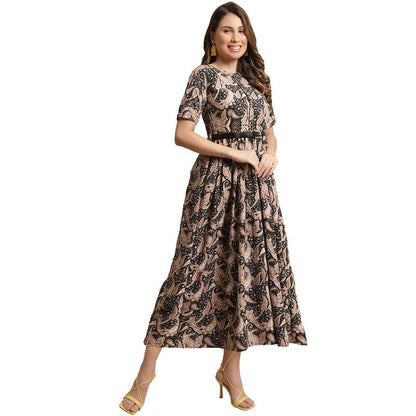 Preneum WomenS Georgette Floral Printed 3/4 Slevees A-Line Fit & Flare Gown With Beltindo-Western Ethnic Gown || A-Line Maxi Dr