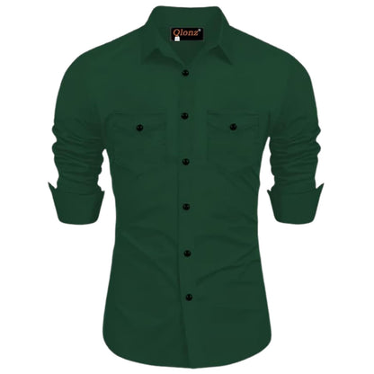 Rebelify Double Pocket With Flap Men Cargo Cotton Shirt Bottle Green