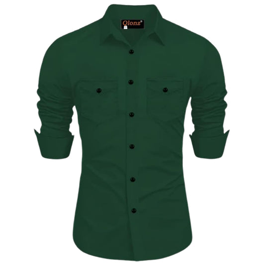 Rebelify Double Pocket With Flap Men Cargo Cotton Shirt Bottle Green