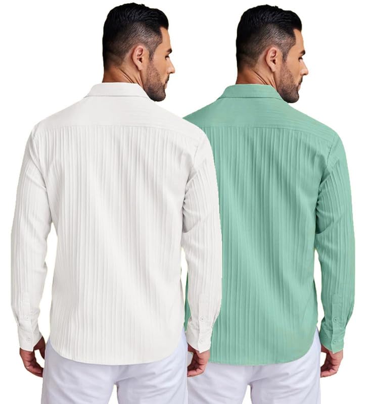 Deelmo Combo Of MenS Casual Button Down Shirts Long Sleeve Linen Shirt Fashion Textured Summer Shirts Pack Of 2