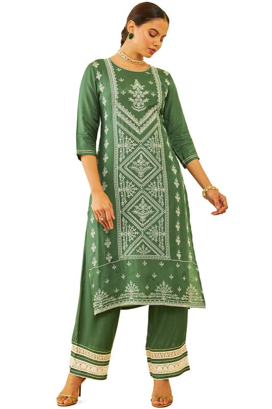 Soch Womens Muslin Floral Embroidered Sequin Embellished Straight Kurta Set
