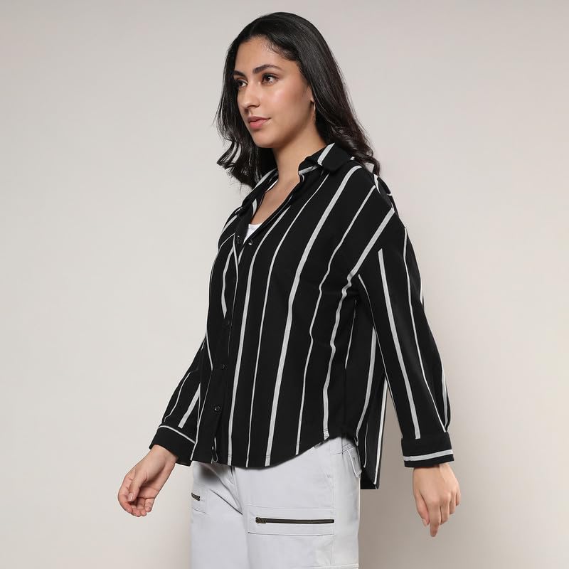 Campus Sutra Womens Midnight Black & Moon Grey Striped Boxy Shirt for Casual Wear | Spread Collar | Long Sleeve | Button Closur