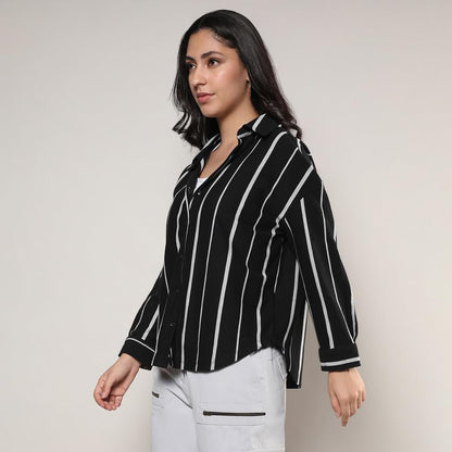 Campus Sutra Womens Midnight Black & Moon Grey Striped Boxy Shirt for Casual Wear | Spread Collar | Long Sleeve | Button Closur