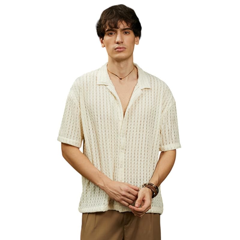 Campus Sutra Mens Cream White Striped Knit Oversized Shirt for Casual Wear | Cuban Collar | Short Sleeve | Button Closure | Ove