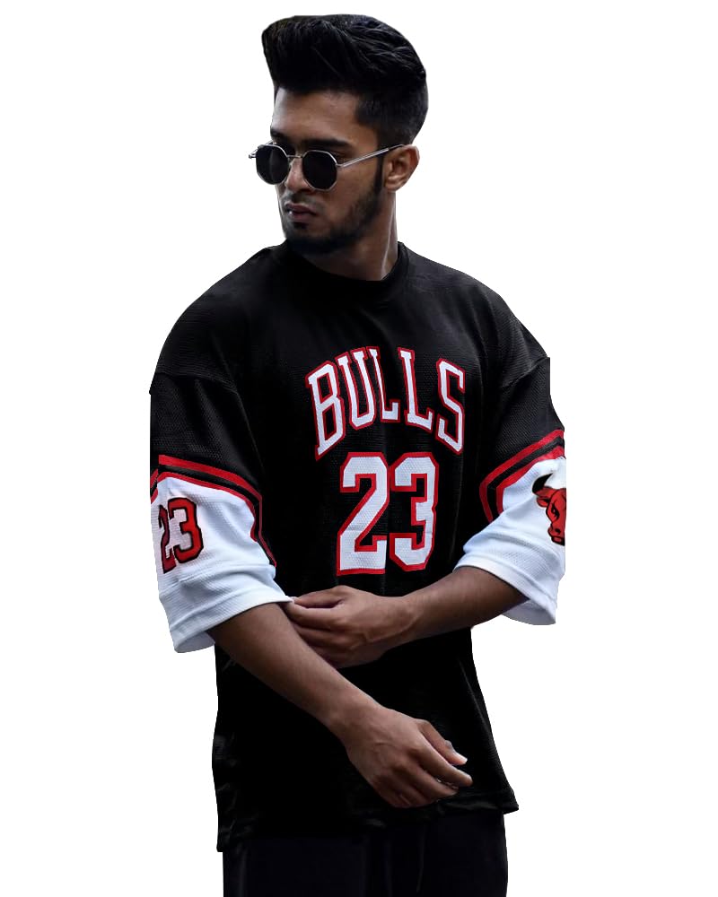 Eyebogler Oversized Loose Fit Baggy Drop Shooulder Half Sleeves Cotton Blend Printed T-Shirt For Men Black White