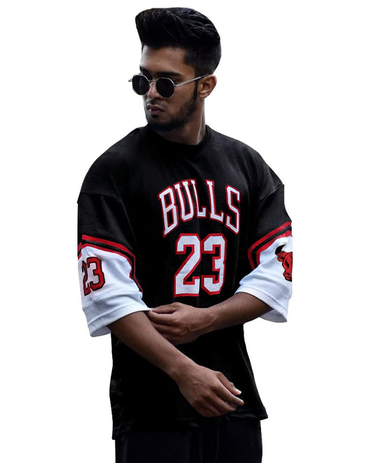 Eyebogler Oversized Loose Fit Baggy Drop Shooulder Half Sleeves Cotton Blend Printed T-Shirt For Men Black White