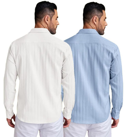 Deelmo Combo Of MenS Casual Button Down Shirts Long Sleeve Linen Shirt Fashion Textured Summer Shirts Pack Of 2 White - Sky Blu