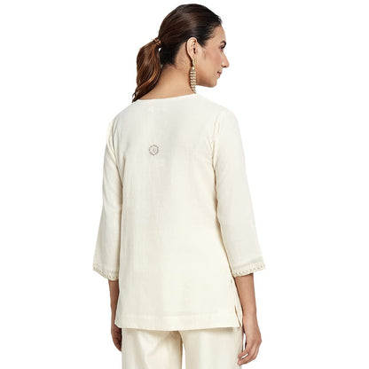 Fabindia Women Cotton Embroidered Short Kurta Natural