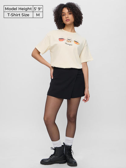 The Souled Store Gilmore Girls: Coffee Cups Women and Girls Short Sleeves Round Neck Off White Graphic Printed Cotton Oversized