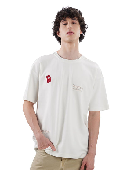 The Souled Store Originals: Real Life Story Men and Boys Short Sleeve Round Neck White Embroidered Cotton Oversized T-Shirts